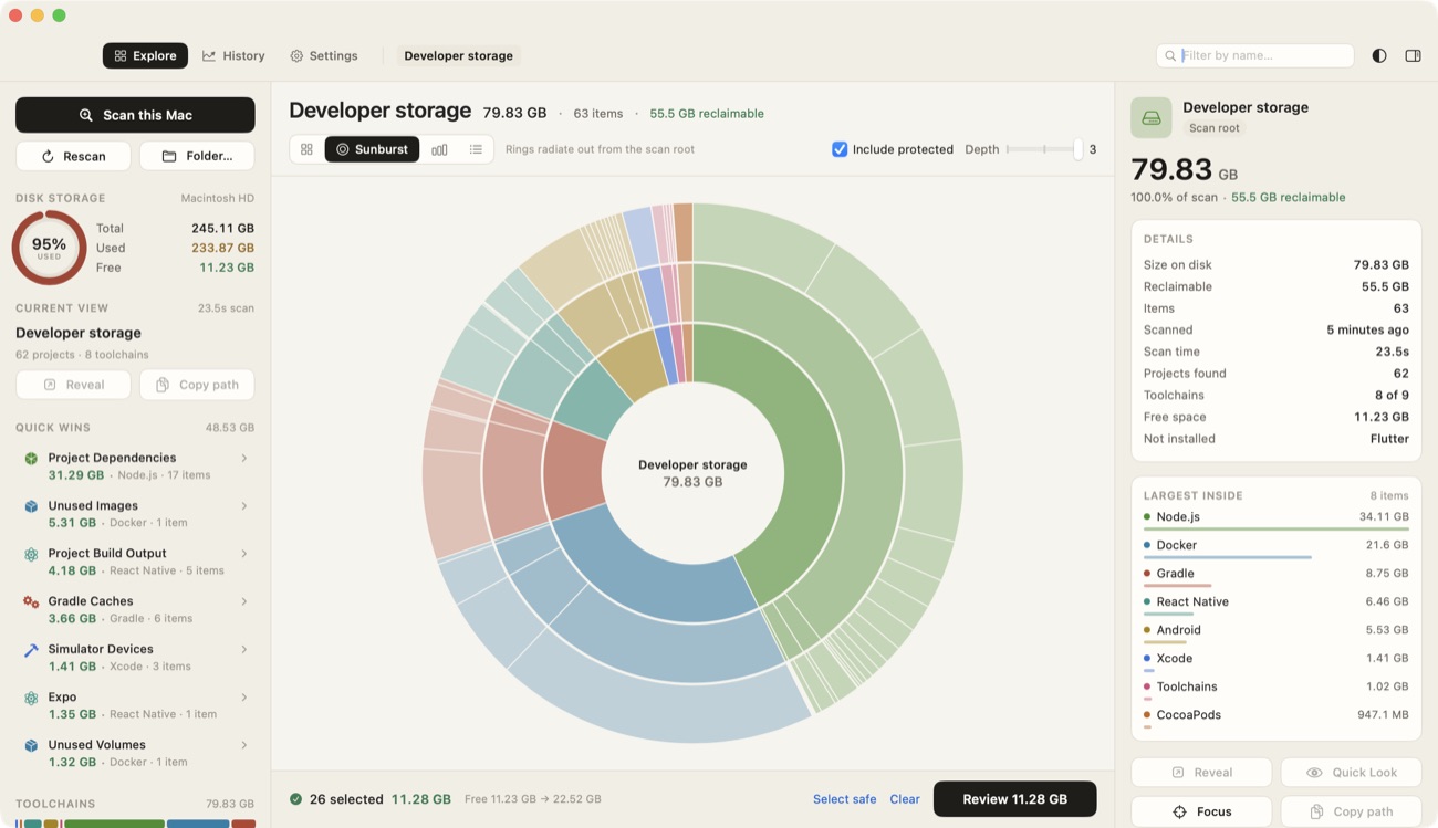 Sunburst view of developer storage