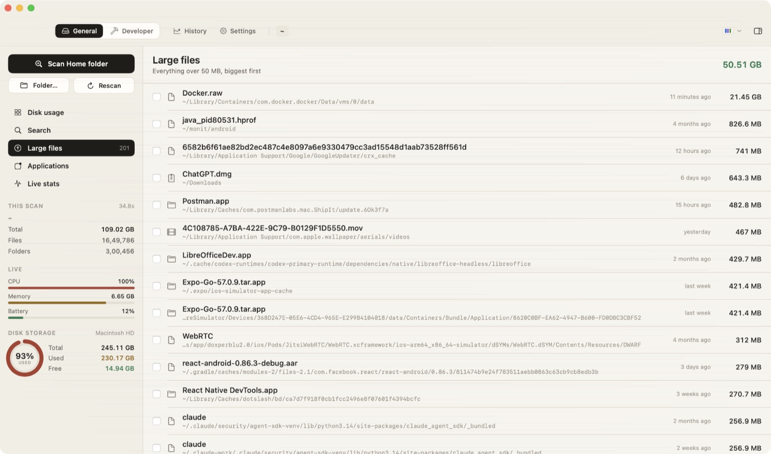 DiskMac's large files list: Docker.raw at 21.45 GB, a java heap dump at 826 MB, a downloaded disk image at 643 MB