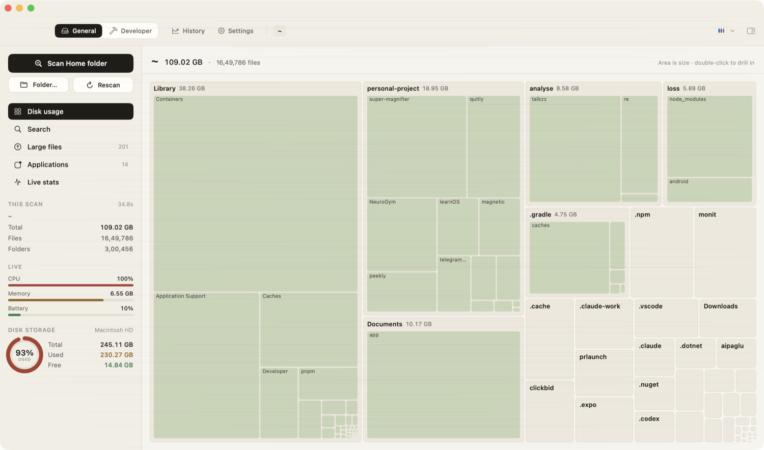 DiskMac showing a treemap of a home folder: Library 38.26 GB, personal-project 18.95 GB, Documents 10.17 GB
