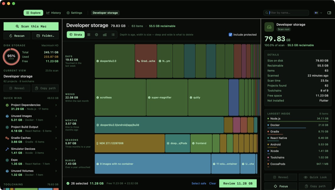 DiskMac in the Terminal theme: phosphor green on near-black, monospaced